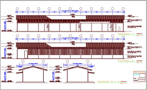 Elevation And Different Axis Section View For Education Building Dwg