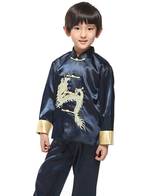 Kids Chinese Dragon Embroidered Tang Suit Kung Fu Outfits Navy Blue