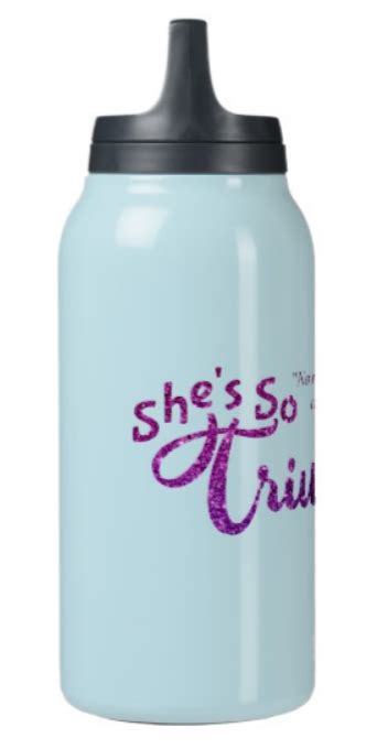 A Blue Water Bottle With The Words Shes So Tri On It And Purple Glitter