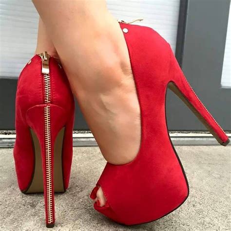 Shoespie Back Zipper Decoration Peep Toe Heels Heels Red High Heels