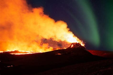 Aurora Borealis Over Volcanic Eruption Iceland Stock Photo Image Of