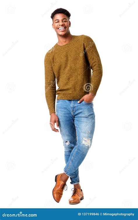 Full Body Stylish Young African American Man Smiling Against Isolated