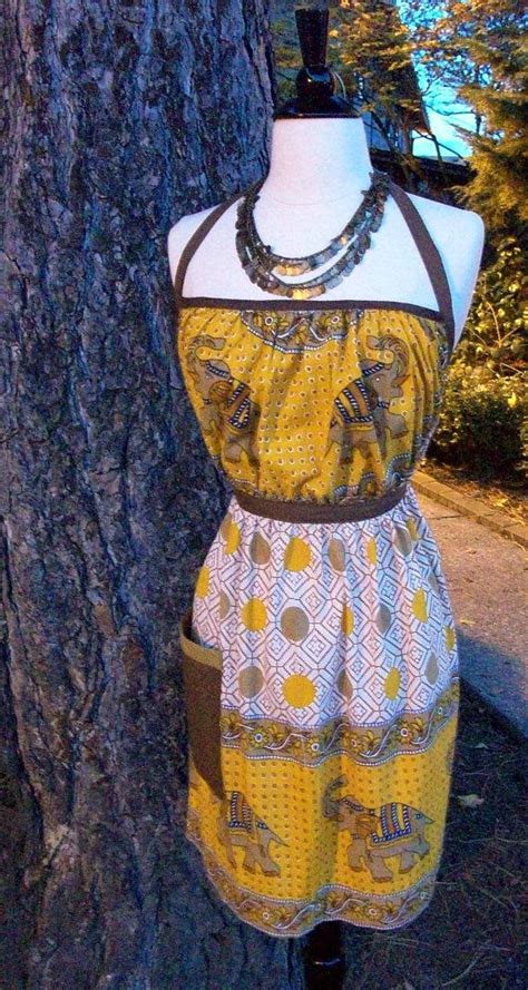 Up Cycled Womens Apron Yellow And Brown Indian Elephants Etsy Womens Aprons Vintage Style