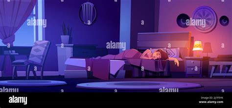 Woman Sleeps In Bed At Night Bedroom Interior In Boho Style With Wooden Furniture Vector