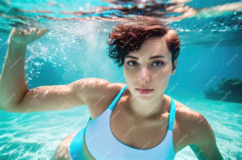 Premium Ai Image A Woman Swimming Underwater In A Pool With The Word Aqua On The Top