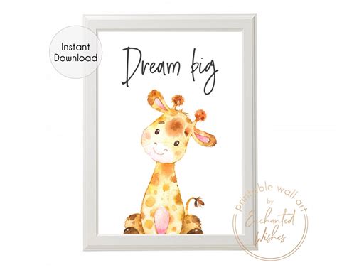 Giraffe Dream Big Print Wall Art Printable Prints