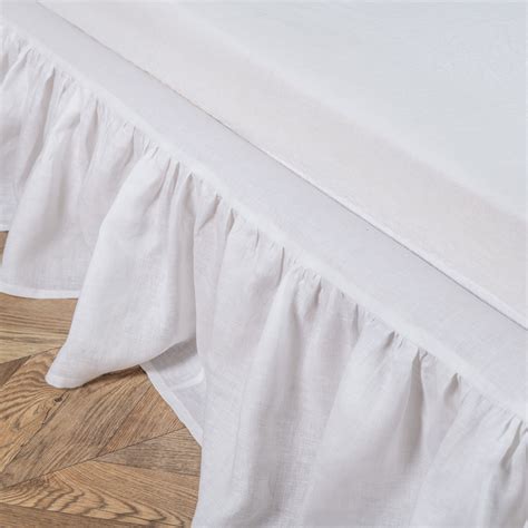 White Linen Bed Skirt With Gathered Ruffles And Cotton Decking King
