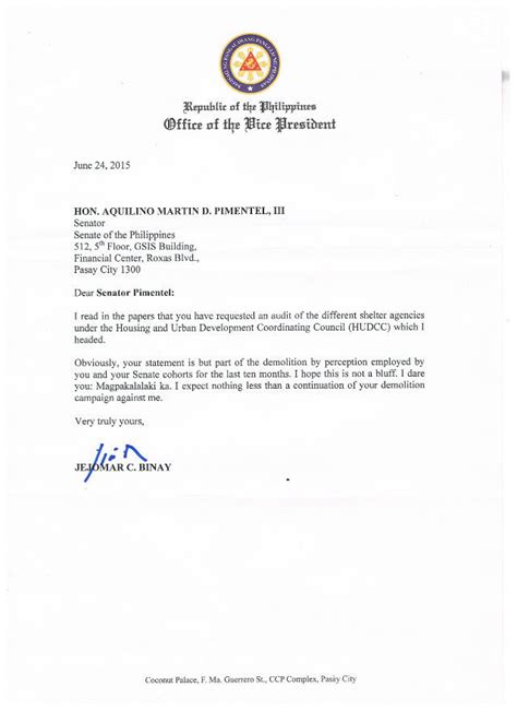 The rejection letter structure is equivalent to the. Binay writes Pimentel: Be a man