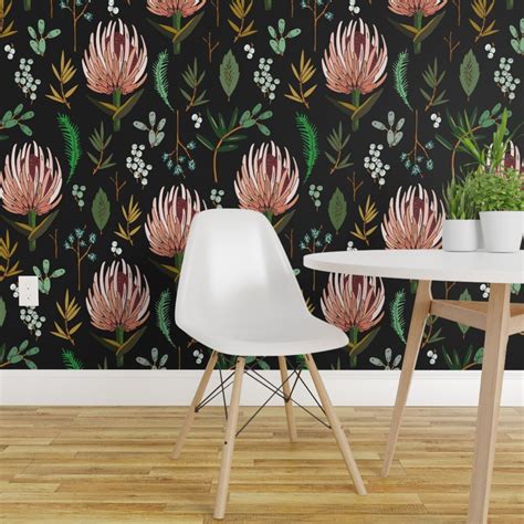 Pre Pasted Wallpaper 2ft Wide Protea Botanical Floral Study Black
