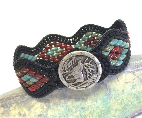 Beaded Leather Cuff Bracelet Turquoise Red Picassosuper Duo Etsy