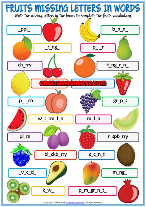 Foods that start with the letter a. Fruits ESL Missing Letters In Words Exercise Worksheet