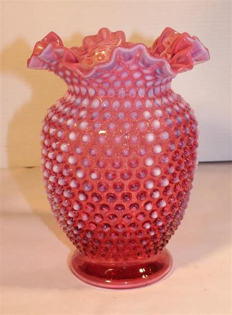 Vtg Fenton Pink Opalescent Hobnail Glass Vase Ruffled Edge 8 25 Hobnail Glass Glass Vase Fenton