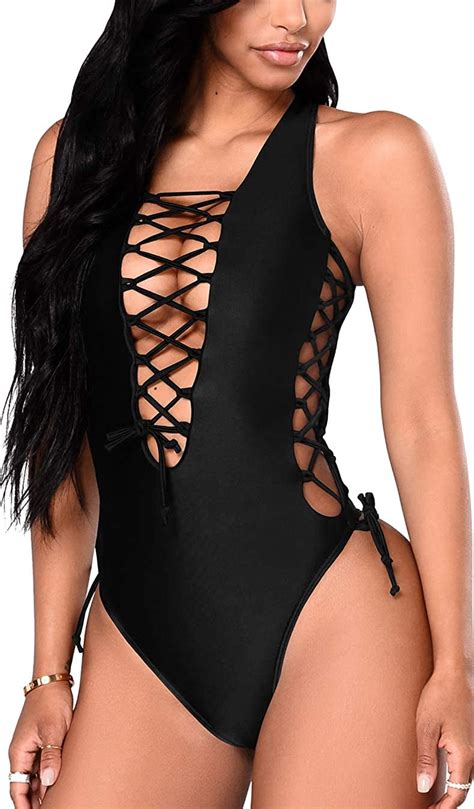Qwzndzgr Women S Sexy One Piece Backless Swimsuits Deep V Neck Laced Up