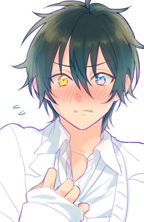 These types of eyes are usually much narrower (vertically) and are often used for older male characters. Anime boy, blushing, two different colored eyes, yellow eye, blue eye, black hair, white shirt ...