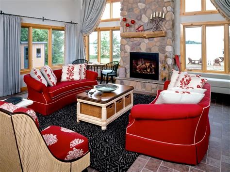 Cozy Living Room With River Stone Fireplace Surround Living Room Red