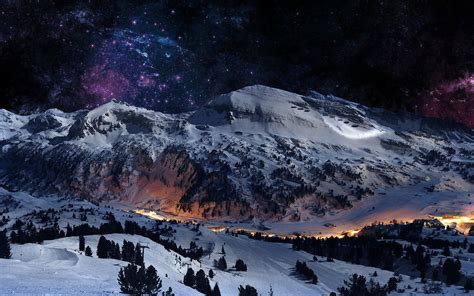 Mountain Space Stars Purple Blue Snow Valley Landscape