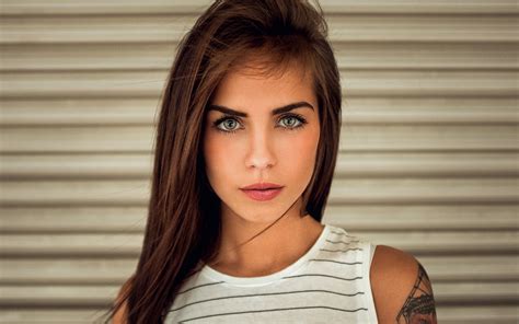wallpaper face women model long hair brunette green eyes singer tattoo black hair