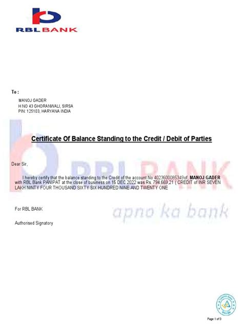 Certificate Of Balance Standing And Current And Saving Account Statement For Manoj Gader Detailing