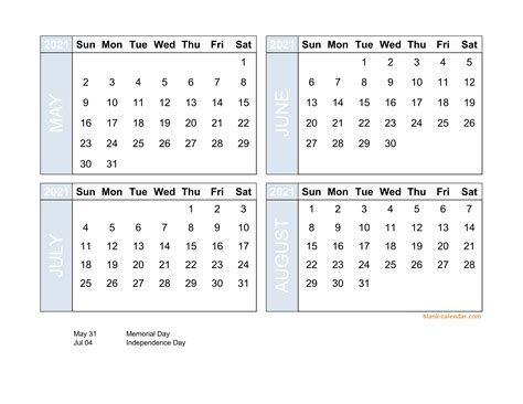 Free Download 2021 Excel Calendar Four Month In Landscape Format