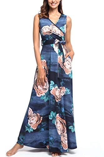 Comila Womens Summer V Neck Floral Maxi Dress Casual Long Dresses With Pockets Floral Maxi