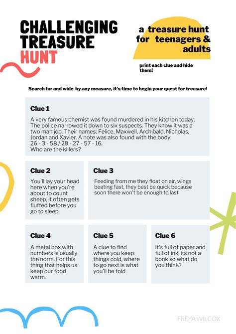 Buy one prize and hide clues in the eggs that will help your players guess what the prize … Challenging Treasure Hunt for Adults | LIFESTYLE | FREYA WILCOX in 2020 | Treasure hunt clues ...