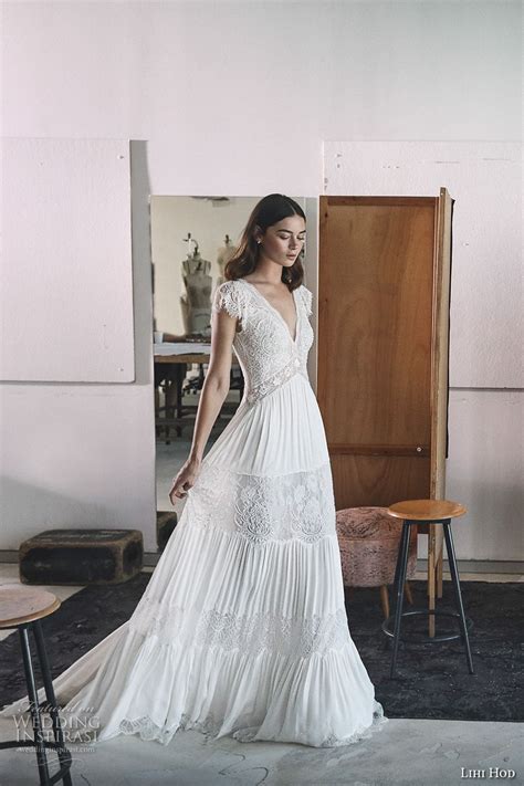 Lihi Hod Bridal Cap Sleeves V Neck Heavily Embellished Bodice Bohemian Lace Romantic A Line
