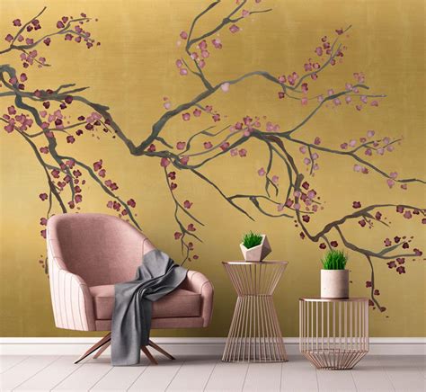 Gold Metallic Chinoiserie Cherry Blossom Luxury Wallpaper Etsy Uk
