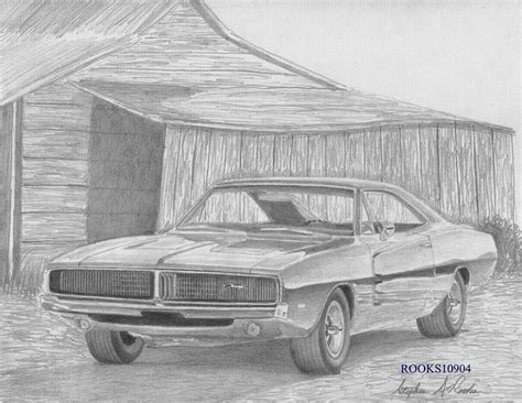 Muscle Car Drawings | Car Art Print Drawing by Stephen Rooks - 1969
