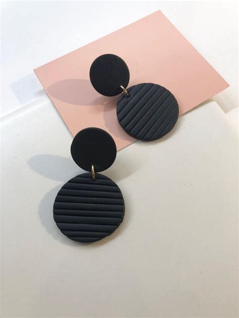 Black Geometric Polymer Clay Statement Earrings Minimal Modern Clay