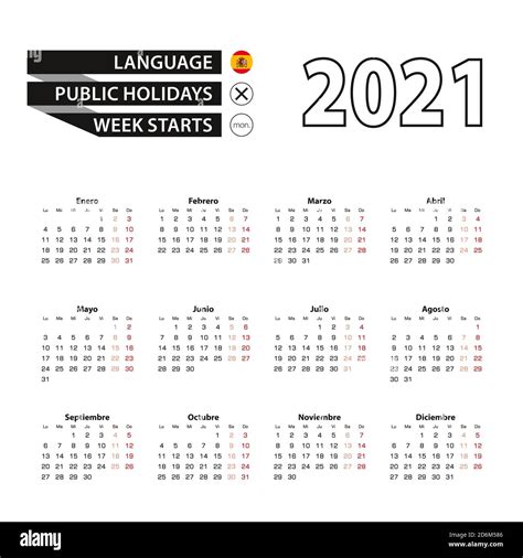 Calendario 2021 En Español La Semana Comienza El Lunes Calendario Vectorial 2021 Años Imagen