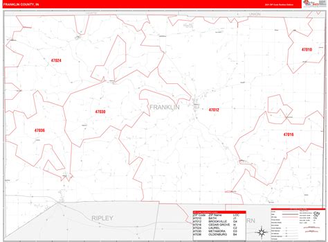 Franklin County In Zip Code Wall Map Red Line Style By Marketmaps