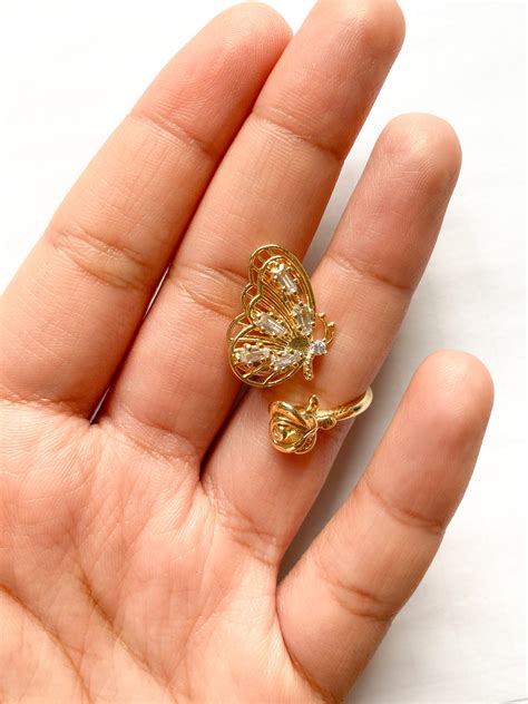 18k Gold Butterfly Adjustable Ring Etsy
