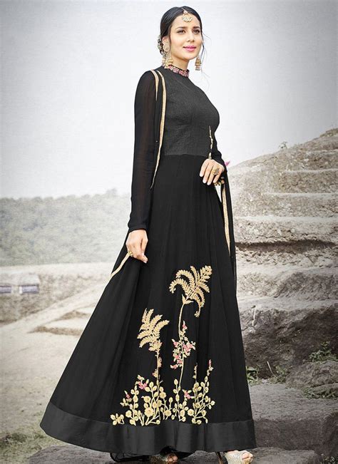 Black Floral Embroidered Silk Anarkali Suit Designer Anarkali Dresses Bollywood Style Dress