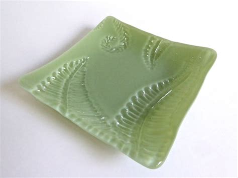 Celadon Green Fused Glass Fern Leaf Imprint Square Plate