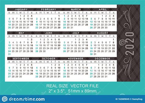 Pocket Calendar 2020 Start On Sunday Vector Stock Vector