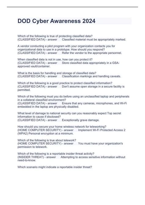 DOD Cyber Awareness 2024 Questions with Correct Answers - Cyber