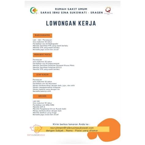 Bagi peminat serius yang ingin membeli rumah dengan pembayaran secara angsuran, dimohon mengirimkan ke alamat kantor bmt bintaro dengan jumlah dokumen rangkap 3. Lowongan Kerja RSU Saras Ibnu Sina Sragen - INFO LOKER SOLO