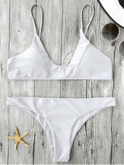 ad cami padded bikini set white with an adjusted spaghetti strap solid color scoop bikini