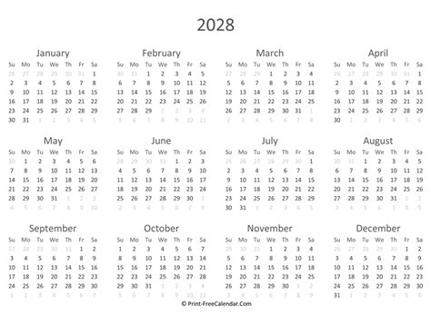 Free Printable Calendar 2028