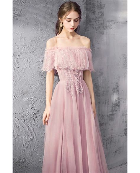 Fairy Long Tulle Off Shoulder Pink Prom Dress With Lace Dm69037