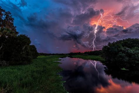 Nature Summer Night Sky Lightning Clouds The Storm River Reflection Hd