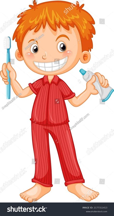 Boy Pyjamas Holding Toothbrush Toothpaste Illustration Stock Vector