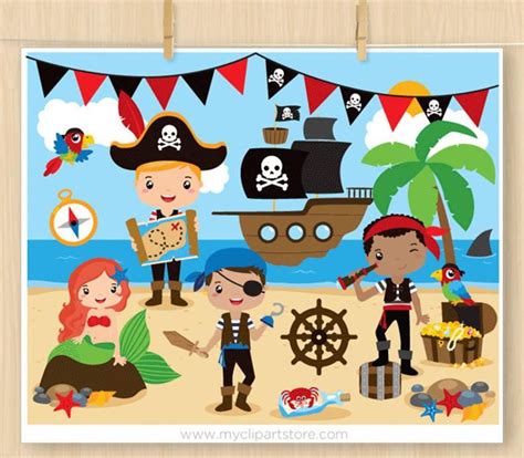 Pirates And Mermaids Clipart Sailing Nautical Pirate Ship Etsy