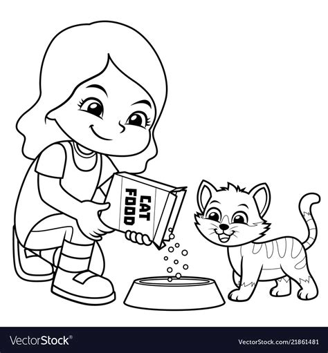 Girl Feeding Her Pet Cat Bw Royalty Free Vector Image