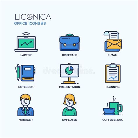 Set Of Modern Office Line Flat Design Icons And Pictograms Stock Vector