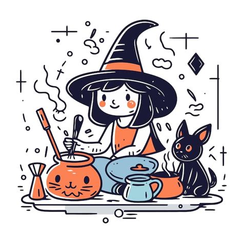 chica linda con disfraz de bruja preparando una poción ilustración vectorial de halloween