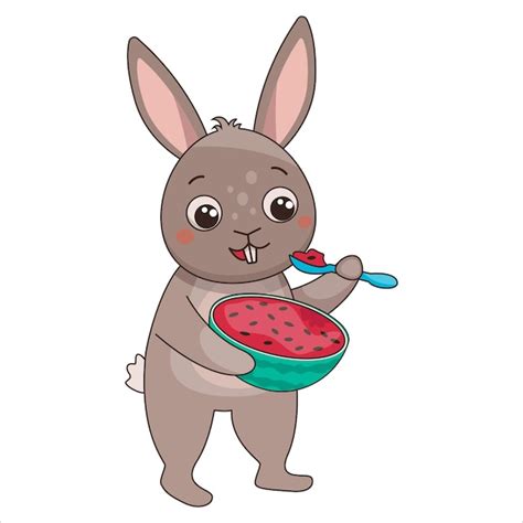 Premium Vector Cute Vector Hare Eats Juicy Watermelon With A Spoon
