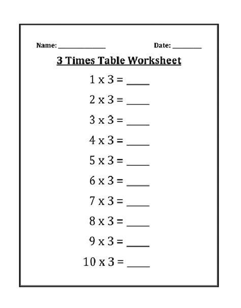 Worksheet 3 Times Tables
