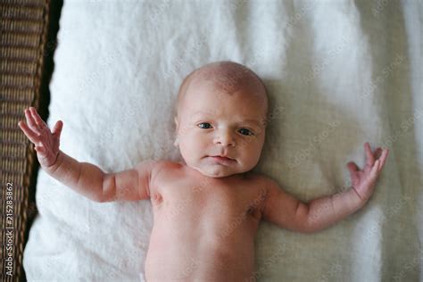 Cute Naked Baby On Bed Stock Photo Adobe Stock