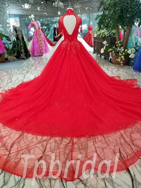 Red Wedding Dress Plus Size A Line Long Train Prom Dress